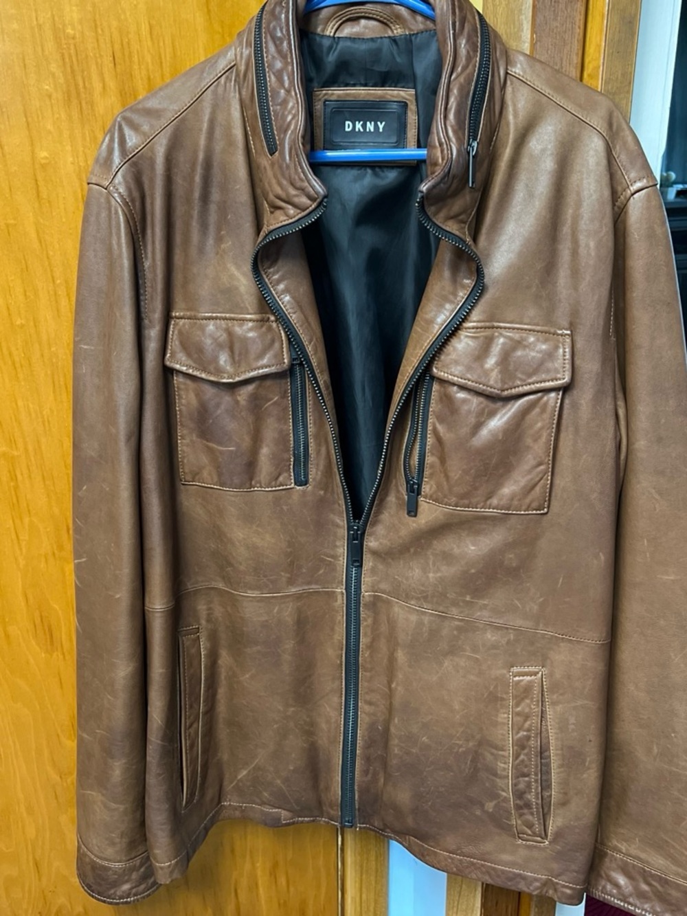 DKNY Men's Brown Leather Bomber Jacket